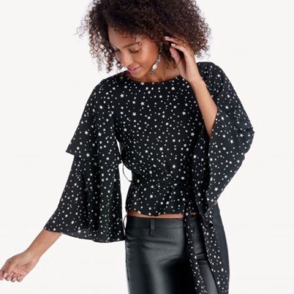 J.O.A. Tops - J.O.A. Black Star Print Bell Sleeve Belted Top